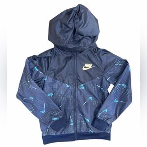 Nike Blue Swoosh Pattern Lightweight Hooded Zip Up Jacket, Youth Medium